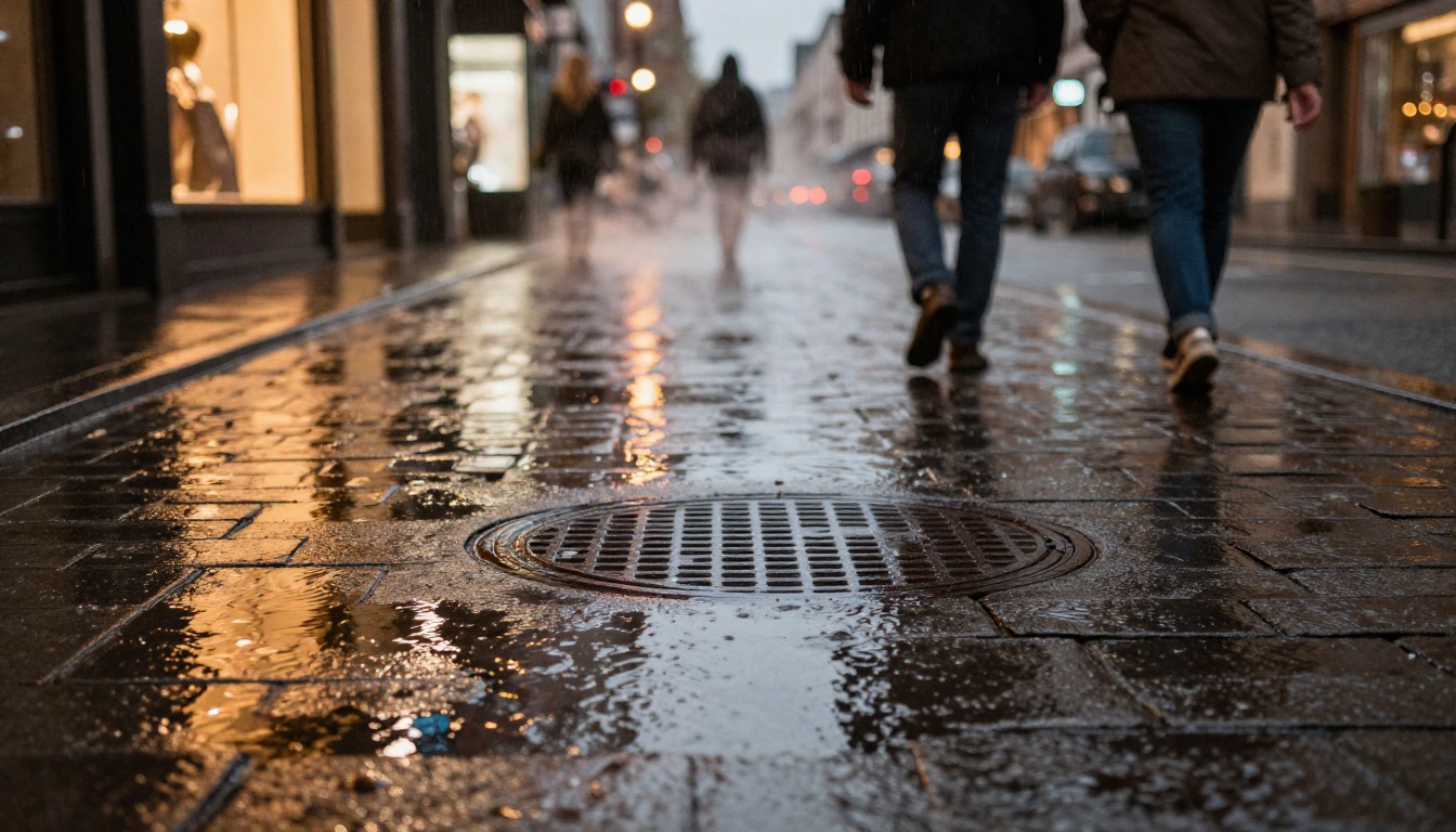 Rain-wet city street at dusk with puddle reflections and atmospheric lighting Rain-wet city street at dusk with puddle reflections and atmospheric lighting