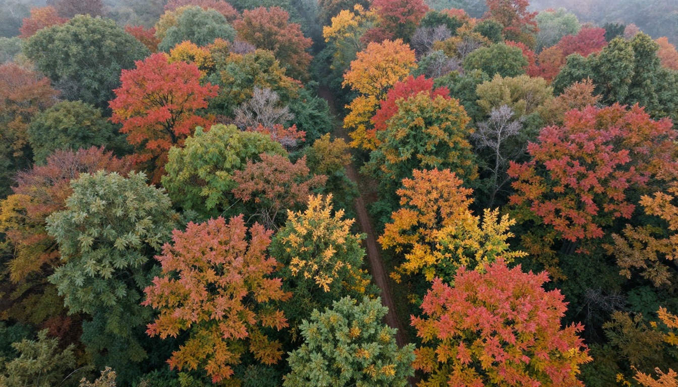 Aerial view of dense autumn forest canopy with detailed foliage and morning fog in valleys Aerial view of dense autumn forest canopy with detailed foliage and morning fog in valleys