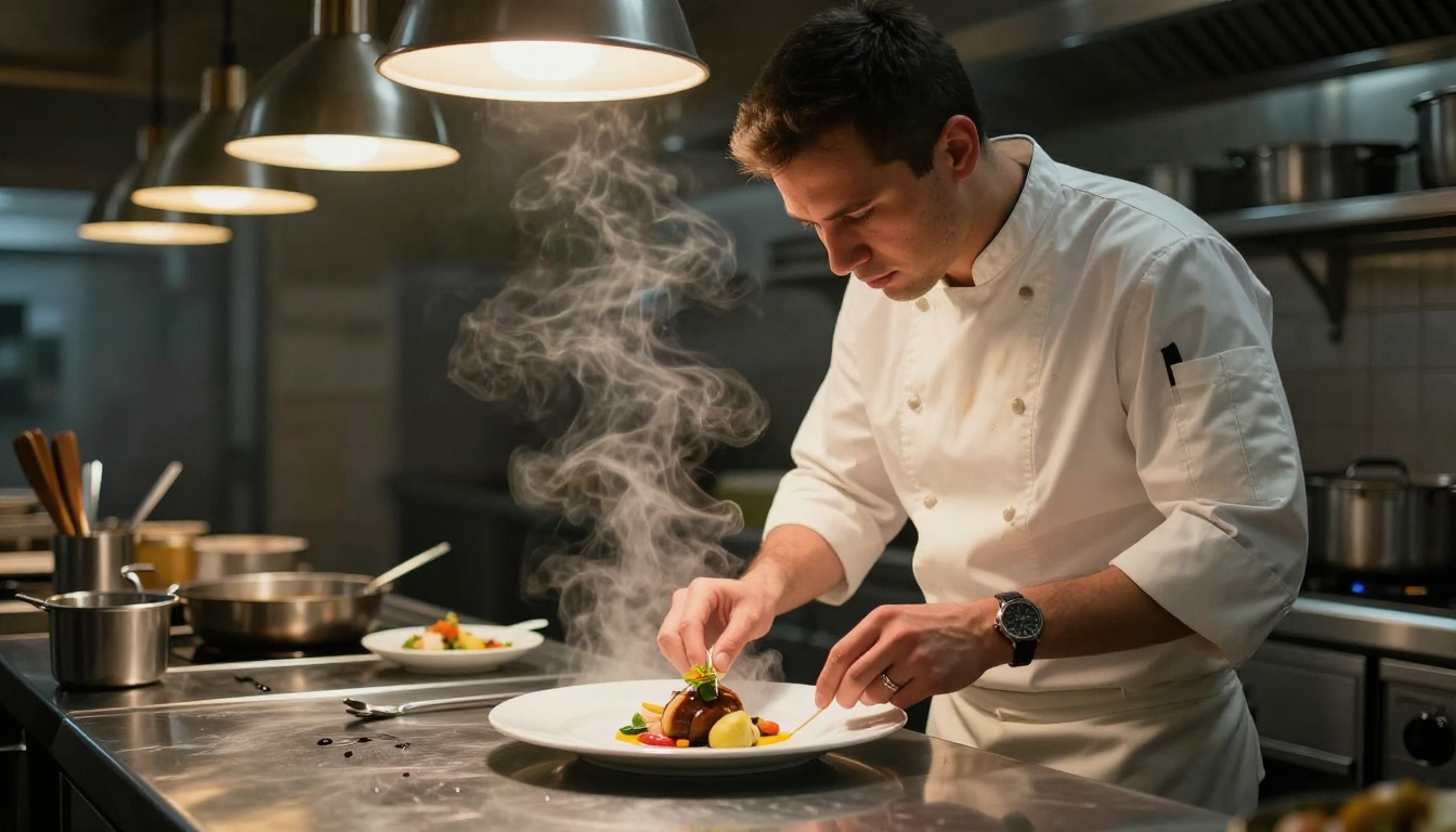 Professional chef plating an elaborate dish in a restaurant kitchen with warm atmospheric tungsten light Professional chef plating an elaborate dish in a restaurant kitchen with warm atmospheric tungsten light