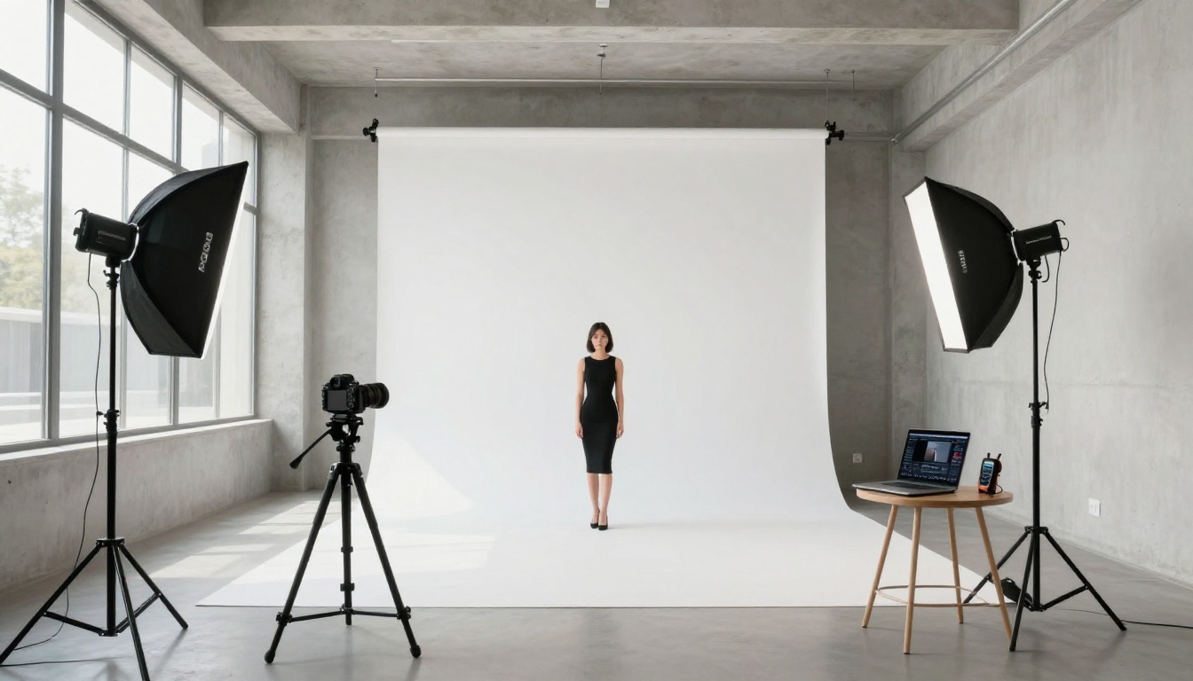 Professional photography studio with skylights, seamless backdrop, and lighting equipment