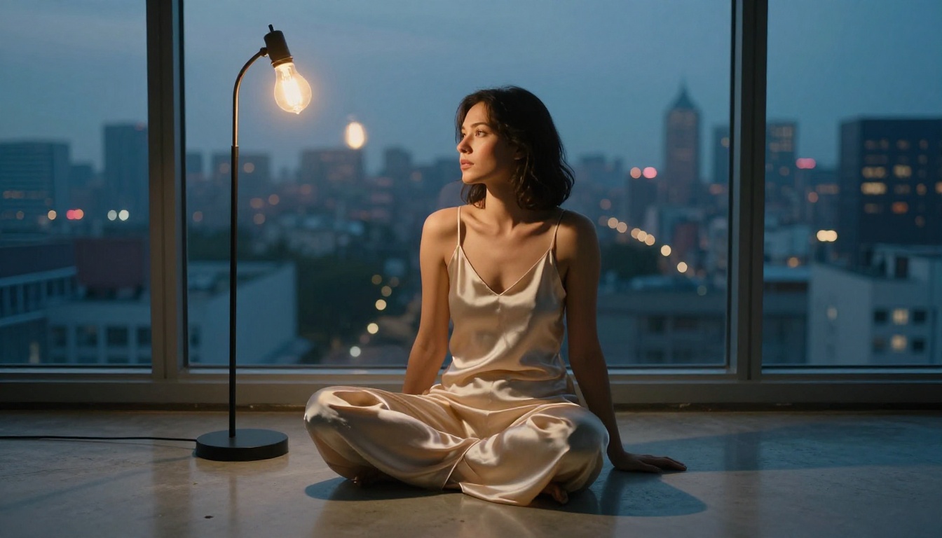 Woman in a champagne slip dress by floor-to-ceiling city windows at blue hour dusk Woman in a champagne slip dress by floor-to-ceiling city windows at blue hour dusk