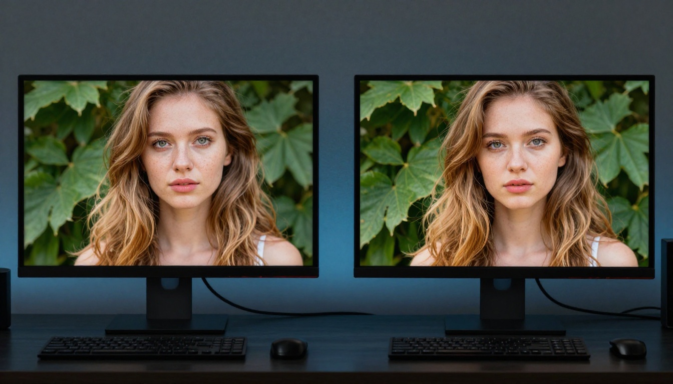 Before and after comparison of super-resolution upscaling displayed on a studio monitor Before and after comparison of super-resolution upscaling displayed on a studio monitor