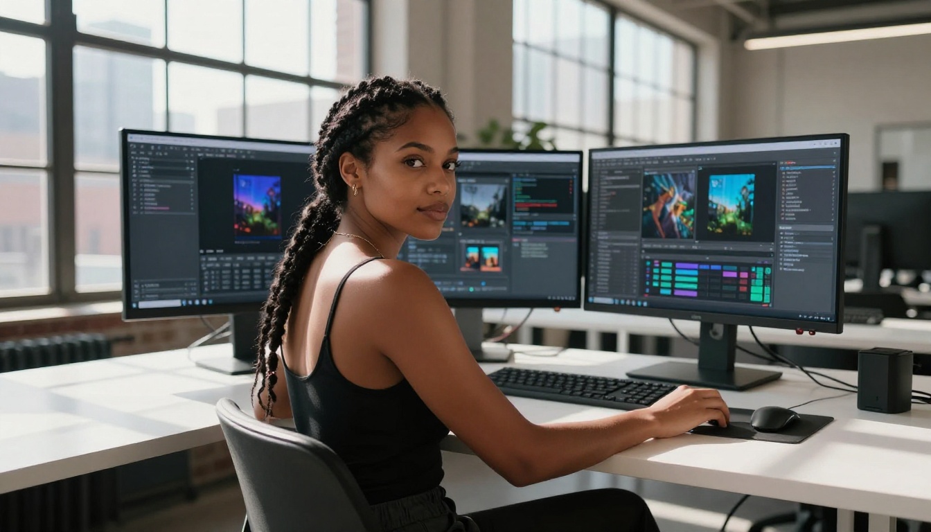 Woman at creative workstation with AI software on dual monitors