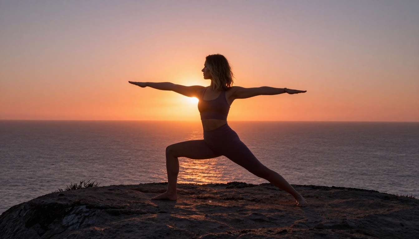 Woman in warrior yoga pose at clifftop against blazing sunset