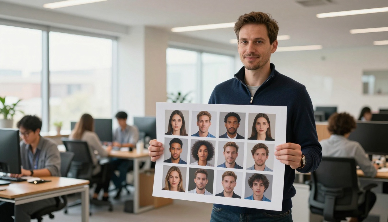 Male creative director standing in a digital agency holding a printed grid of AI-generated photorealistic portrait images Male creative director standing in a digital agency holding a printed grid of AI-generated photorealistic portrait images