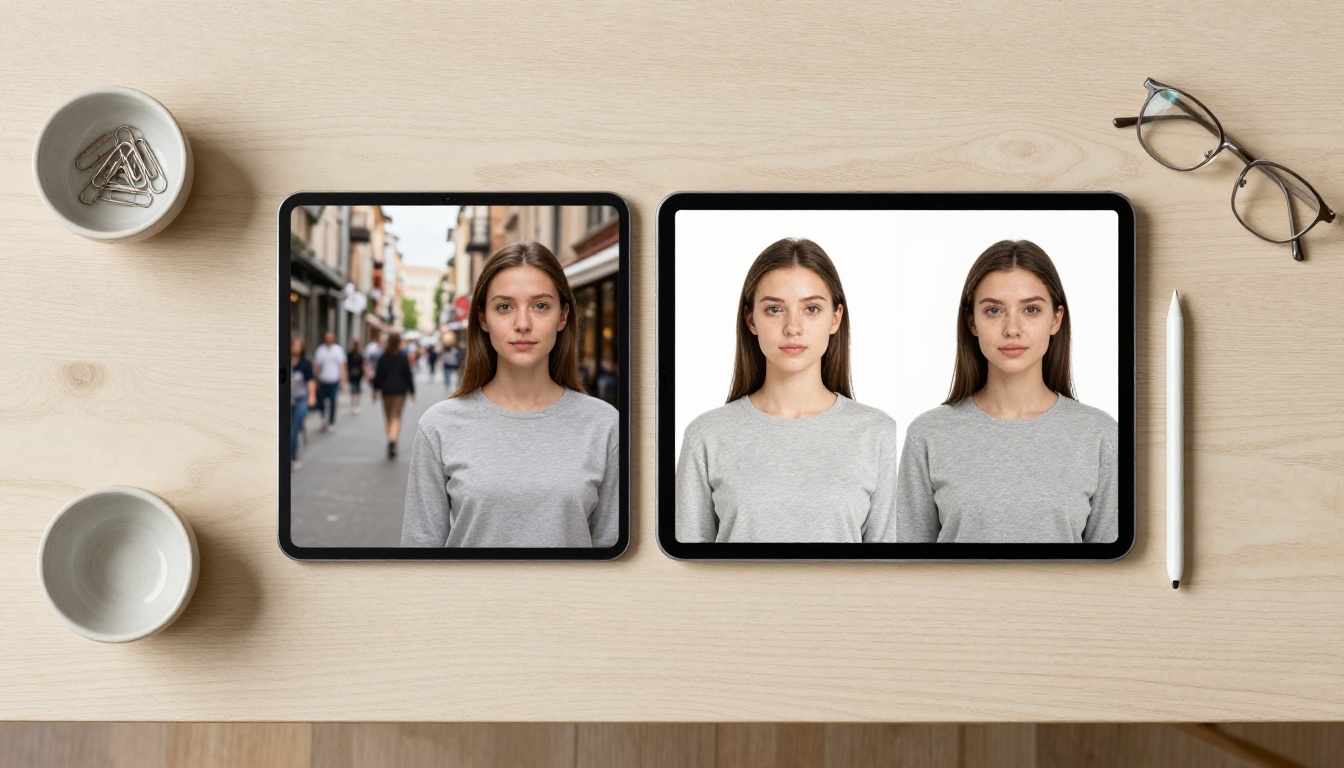 Overhead flat lay of a tablet showing a before and after portrait photo with clean white background result from background removal Overhead flat lay of a tablet showing a before and after portrait photo with clean white background result from background removal