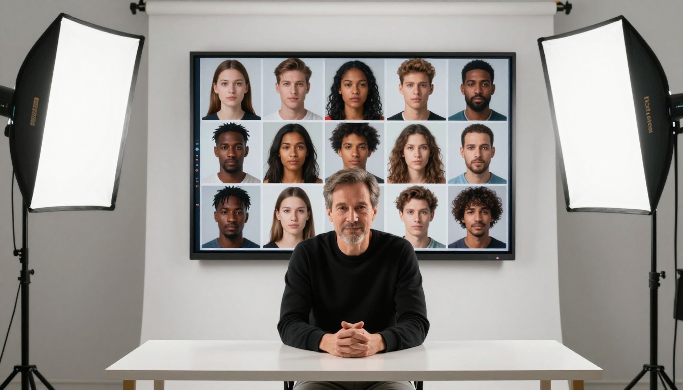Professional photographer in a white studio reviewing a grid of AI-generated portrait headshots on a large desktop monitor Professional photographer in a white studio reviewing a grid of AI-generated portrait headshots on a large desktop monitor