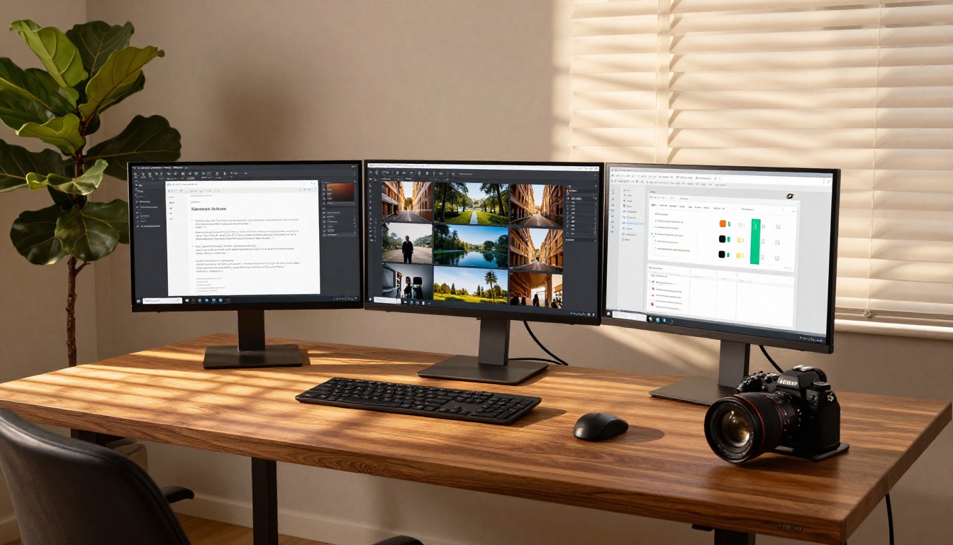 Wide-angle three-monitor content creation workspace with an AI image gallery on the central screen and warm late afternoon light through venetian blinds Wide-angle three-monitor content creation workspace with an AI image gallery on the central screen and warm late afternoon light through venetian blinds