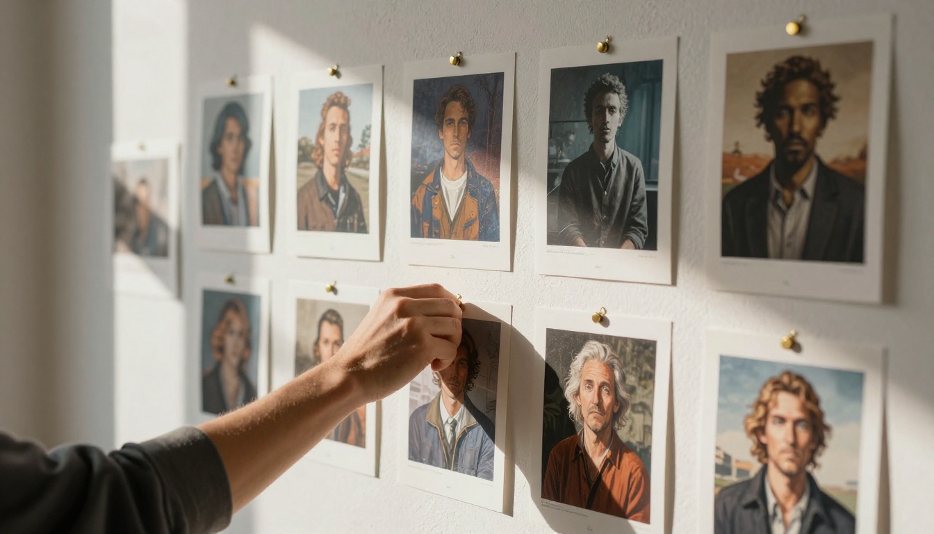 AI art printouts pinned on white gallery wall with natural side lighting from window AI art printouts pinned on white gallery wall with natural side lighting from window