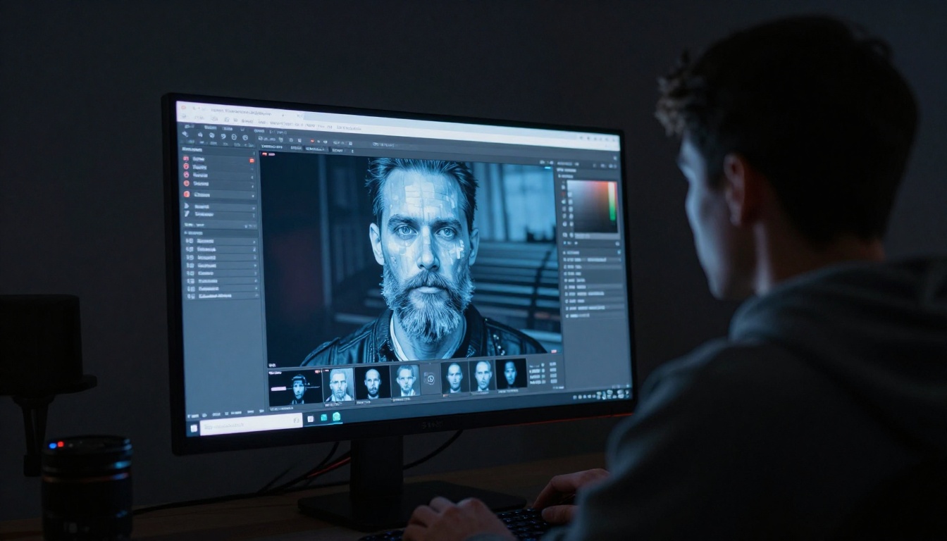 Designer working in dark studio with computer monitor displaying AI generation interface Designer working in dark studio with computer monitor displaying AI generation interface