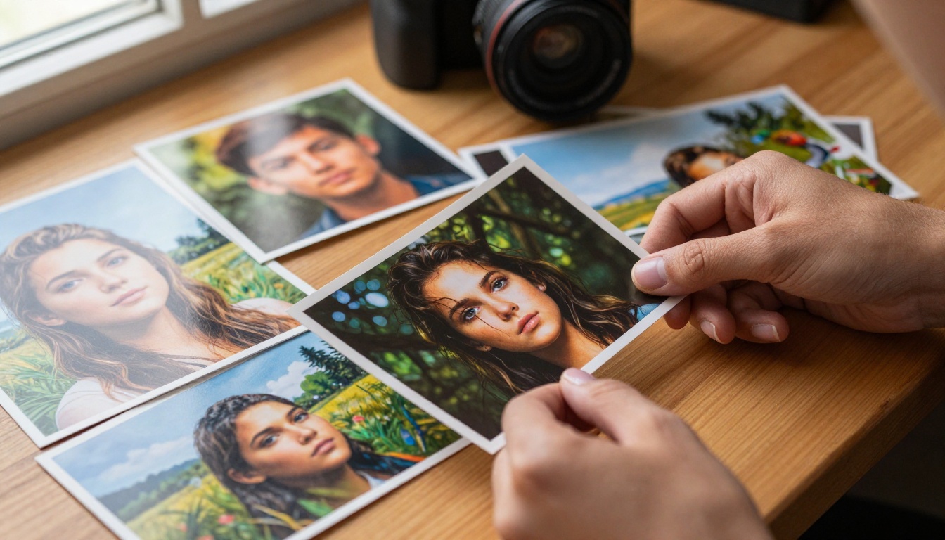 Printed AI generated photos spread on wooden table with person's hand selecting one image Printed AI generated photos spread on wooden table with person's hand selecting one image