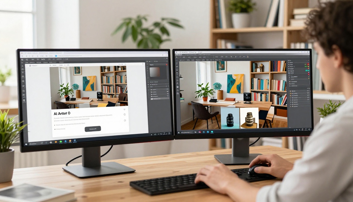 Creative professional at dual monitor workspace with AI art platform and results side by side Creative professional at dual monitor workspace with AI art platform and results side by side