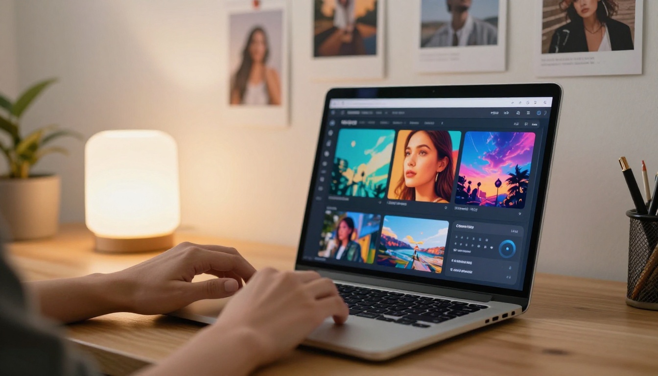 Hands on a laptop with AI generation interface on screen, warm creative workspace, blurred artistic prints in background, photorealistic commercial photography Hands on a laptop with AI generation interface on screen, warm creative workspace, blurred artistic prints in background, photorealistic commercial photography
