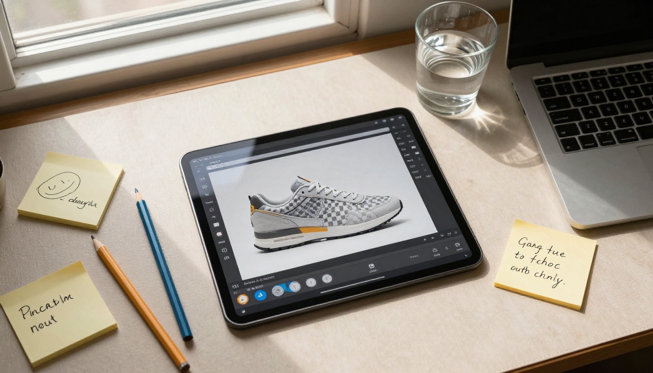 Aerial top-down view of background removal workflow on a graphic design tablet with transparent checkered pattern around a product cutout
