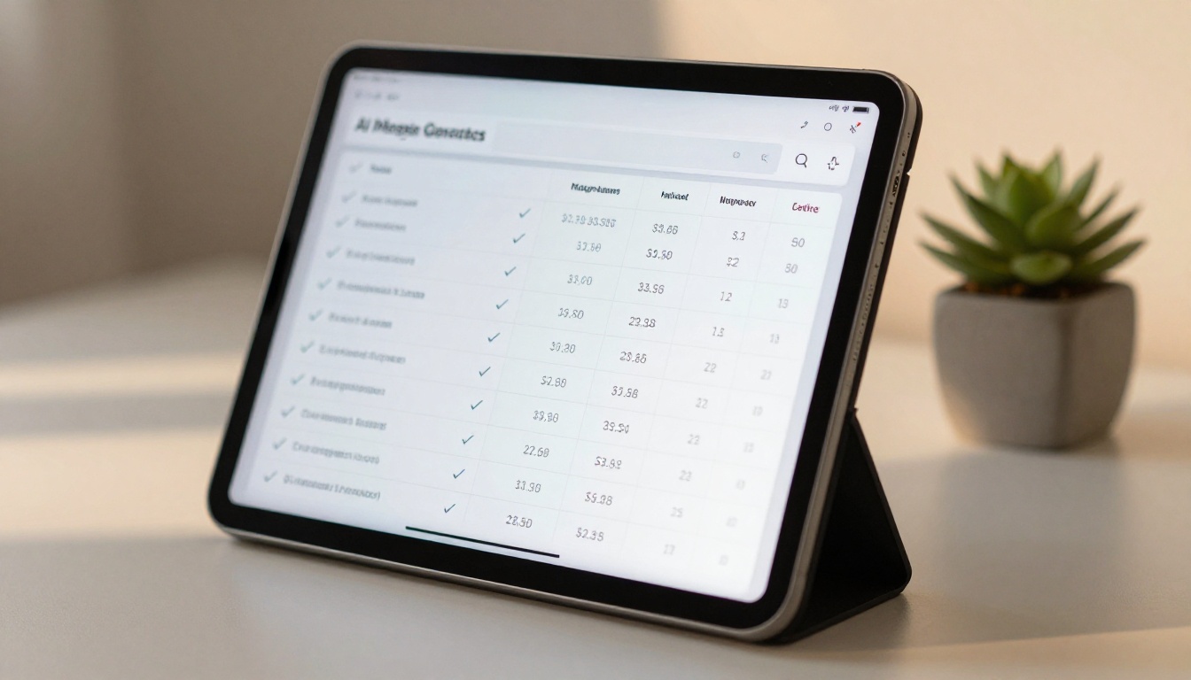 Close-up of a tablet screen showing an AI tool pricing comparison table on a minimalist desk