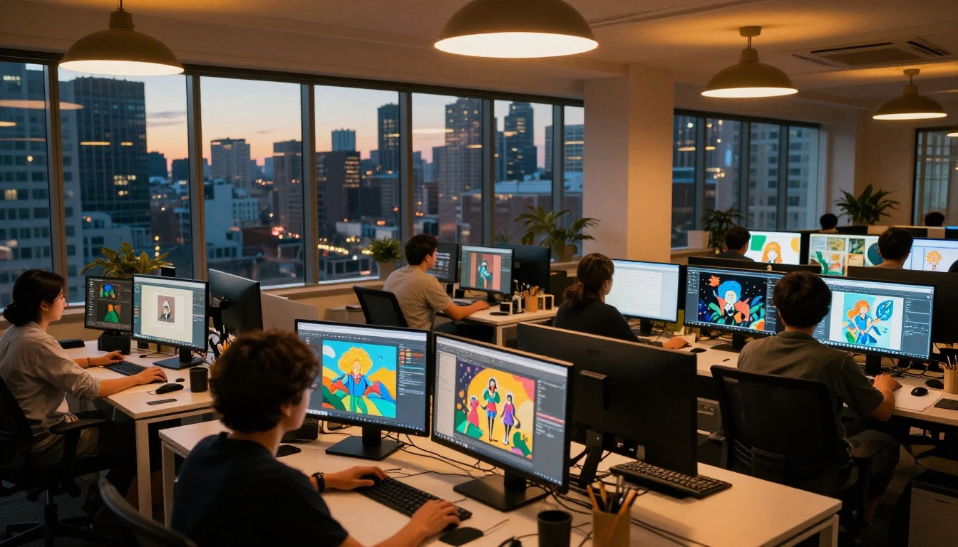 Creative agency workspace at dusk with multiple designers working on AI image generation tasks across large monitors