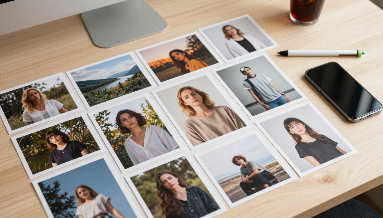 Flat lay overhead shot of multiple printed AI-generated images spread across a light oak desk, showing variety of quality levels