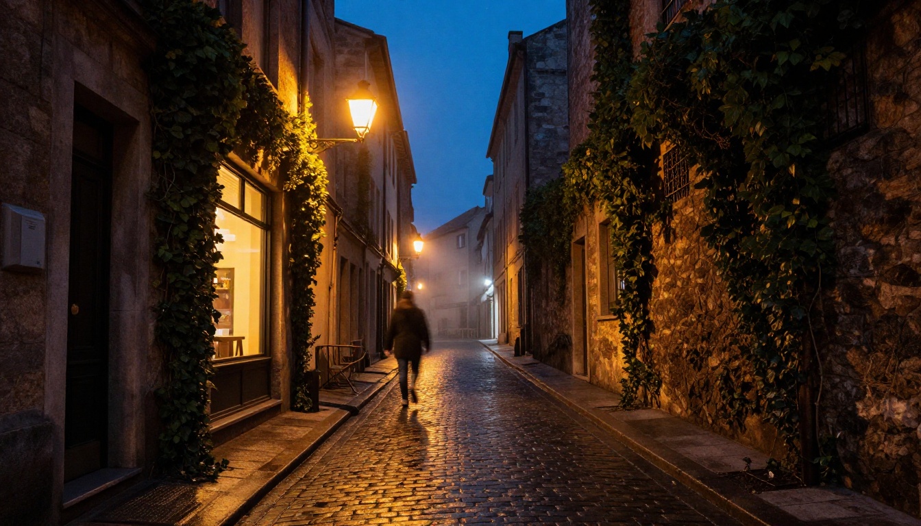 European cobblestone alley at blue hour - low light AI image test European cobblestone alley at blue hour - low light AI image test