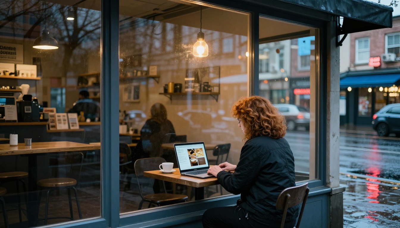Small business owner with curly auburn hair in boutique coffee shop designing Facebook social media promotional graphics on laptop