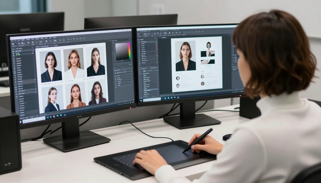 Professional graphic designer with geometric bob haircut at dual monitor workstation comparing AI-generated social media assets for client review