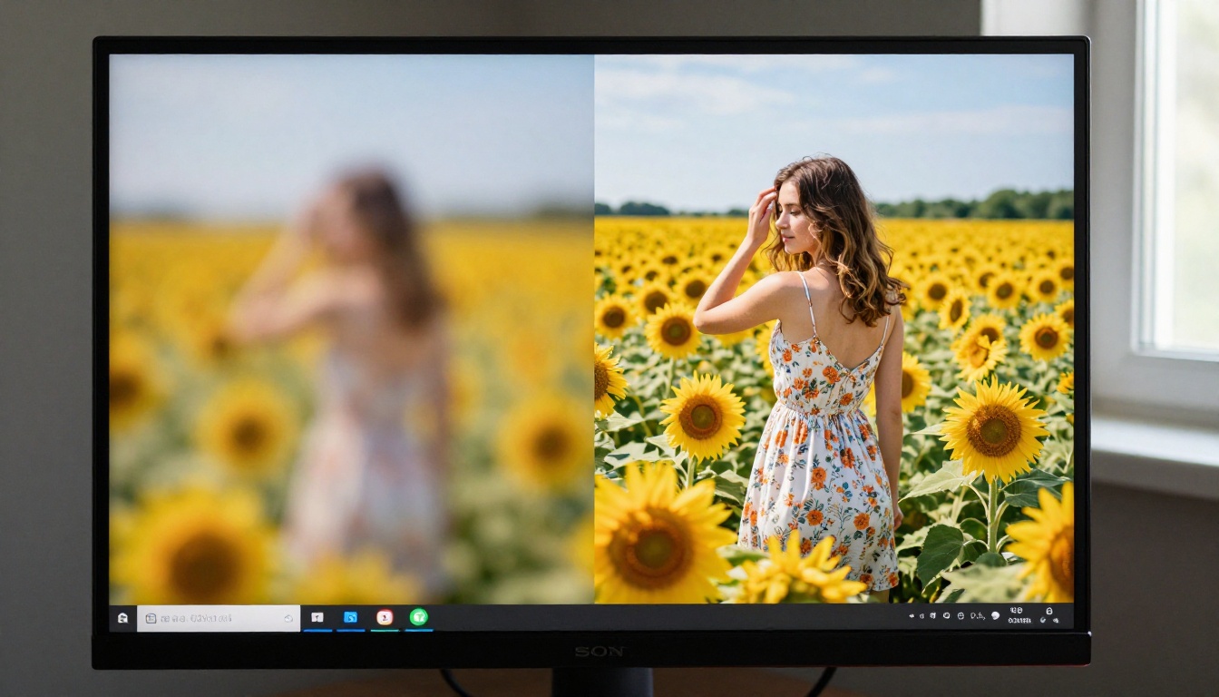 Monitor showing before and after AI upscaling comparison of social media lifestyle graphic with dramatic quality difference