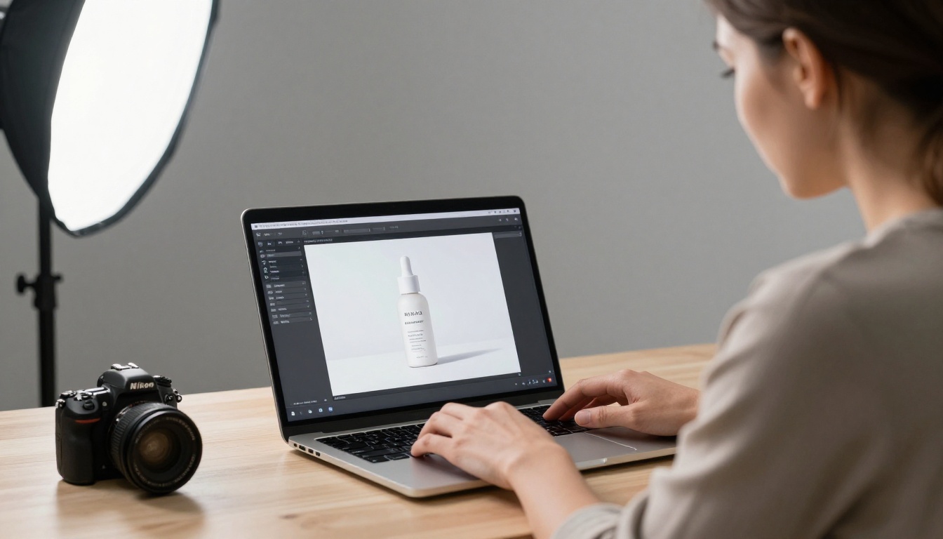 Studio product photographer working with AI background removal tool on laptop in professional gray studio setting