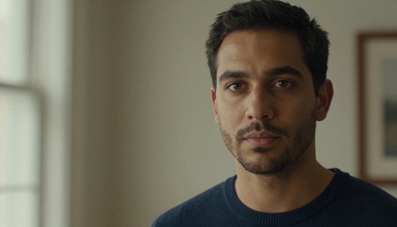 Close-up portrait of a man staring directly into camera with calm intensity, soft diffused window light from the left, realistic skin and hair detail