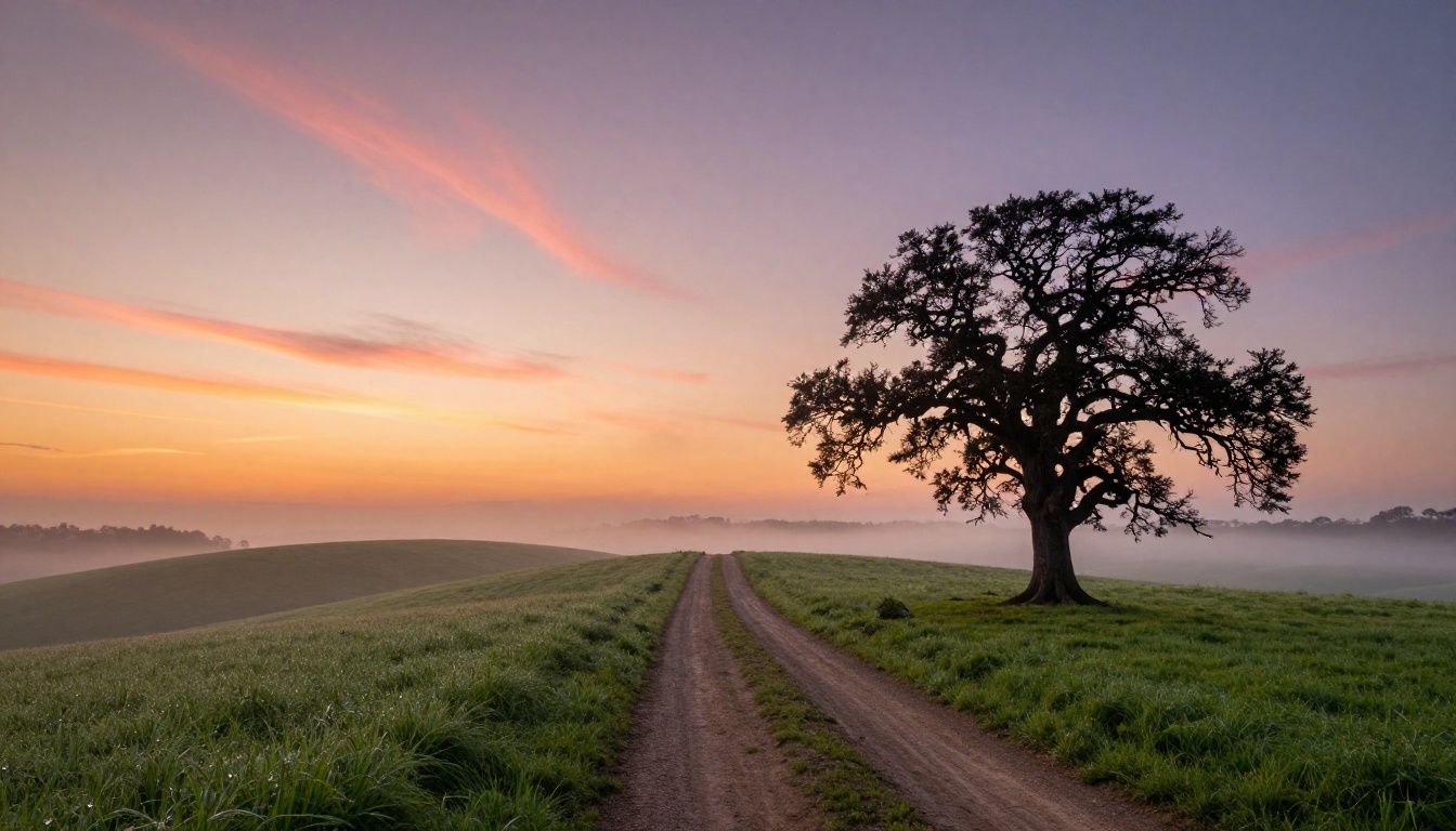 Wide photorealistic landscape of rolling green hills at sunrise, morning mist in the valley, lone dirt road cutting to the horizon, ancient oak silhouetted against an orange and lavender sky