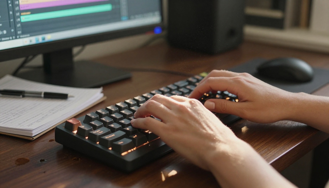 Close-up of hands typing on a backlit mechanical keyboard on a dark walnut desk, warm afternoon light with dust particles in the air