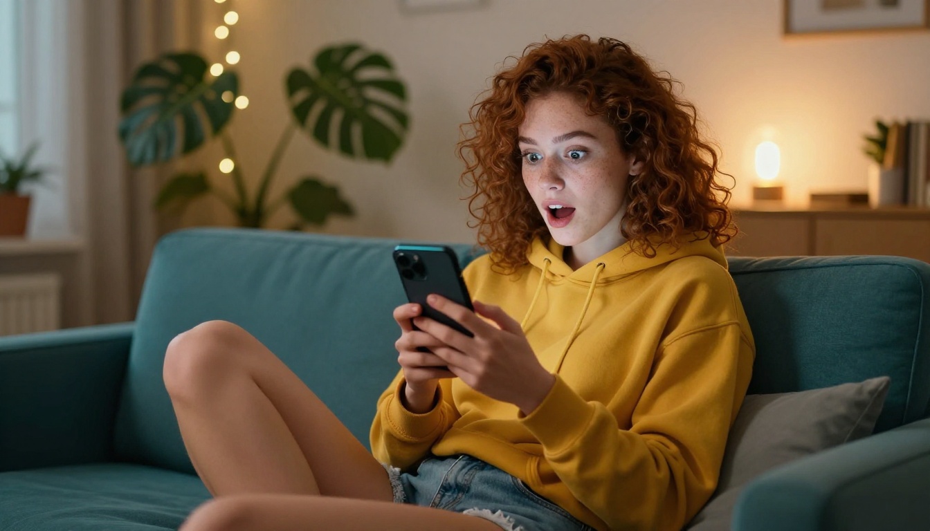 A young woman with curly auburn hair on a teal couch, face lit by phone screen showing vertical short-form video, expression of surprise and delight