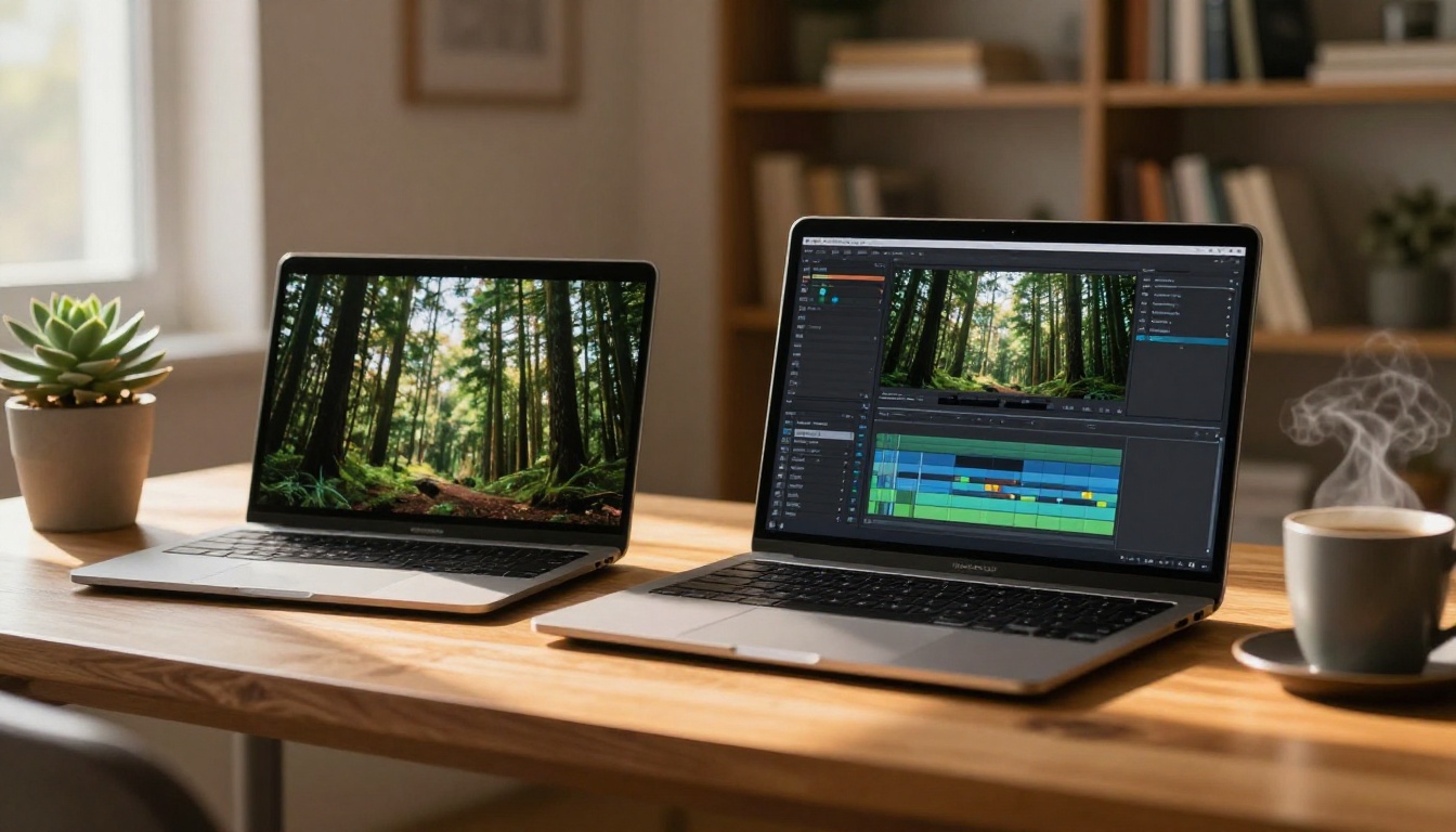 Two-laptop home office showing still forest image on one screen and video timeline on the other Two-laptop home office showing still forest image on one screen and video timeline on the other