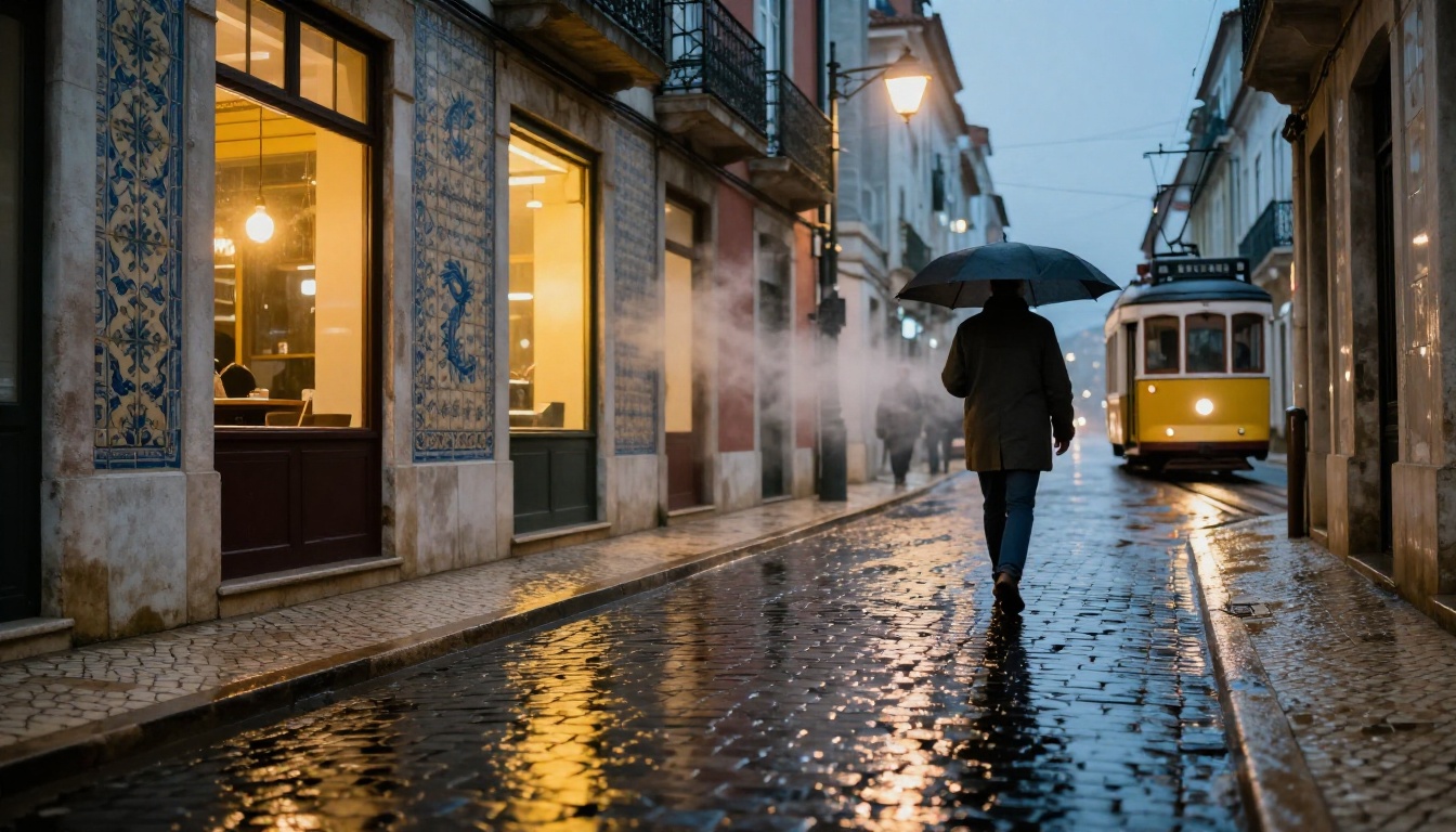 Lisbon cobblestone street at blue hour with warm cafe light on wet pavement and a man walking with an umbrella Lisbon cobblestone street at blue hour with warm cafe light on wet pavement and a man walking with an umbrella