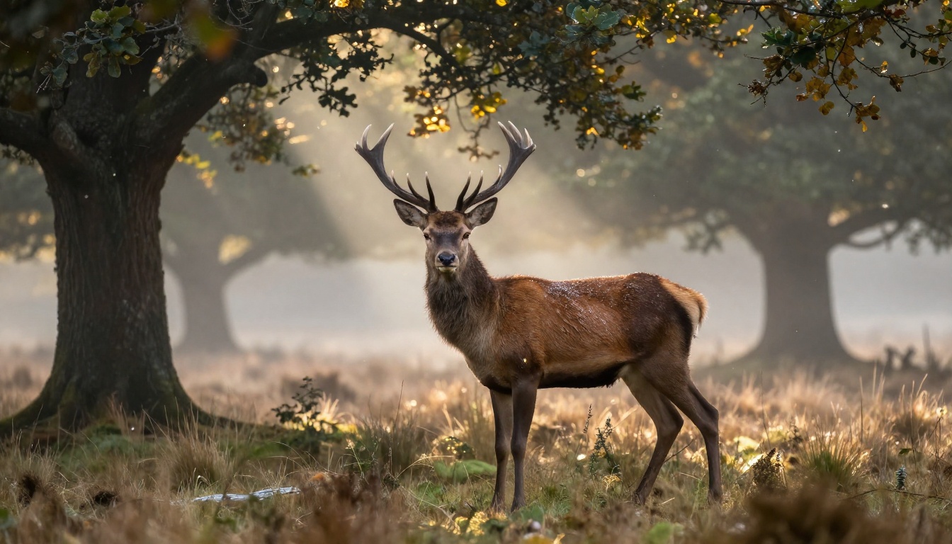 Young red deer stag in a Scottish Highland forest clearing with golden light shafts and morning mist at knee height Young red deer stag in a Scottish Highland forest clearing with golden light shafts and morning mist at knee height