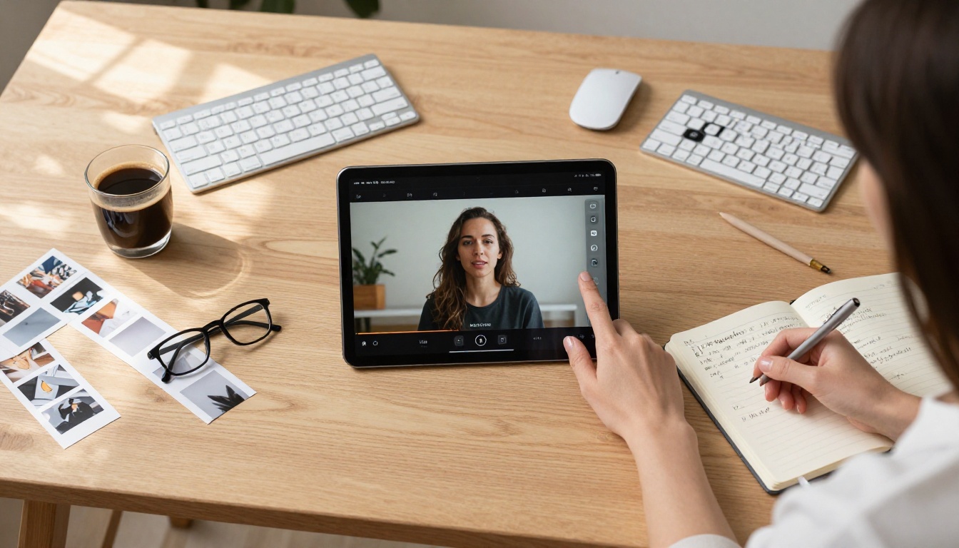 Overhead creative workspace flat lay with a hand touching a tablet showing a video generation interface and printed photo strips Overhead creative workspace flat lay with a hand touching a tablet showing a video generation interface and printed photo strips