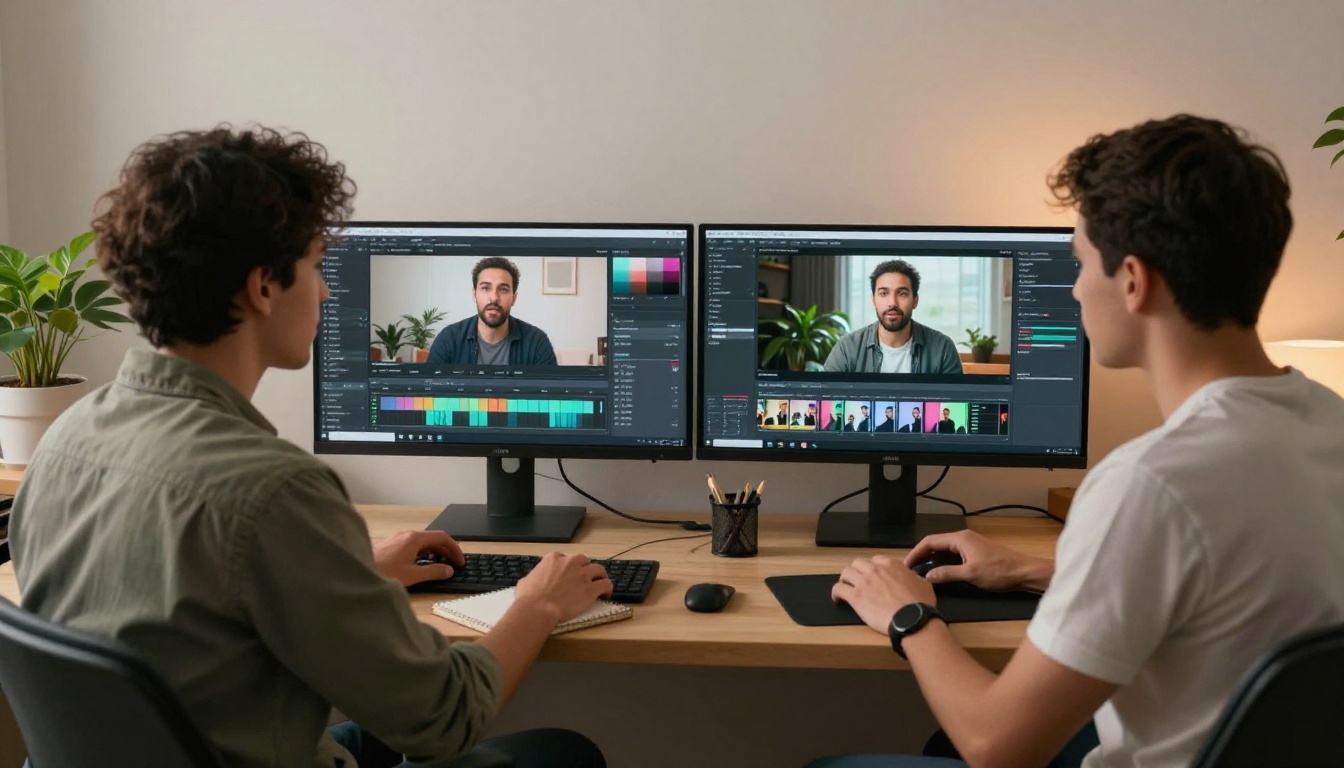 Two content creators reviewing AI-generated video at dual monitors in a creative workspace