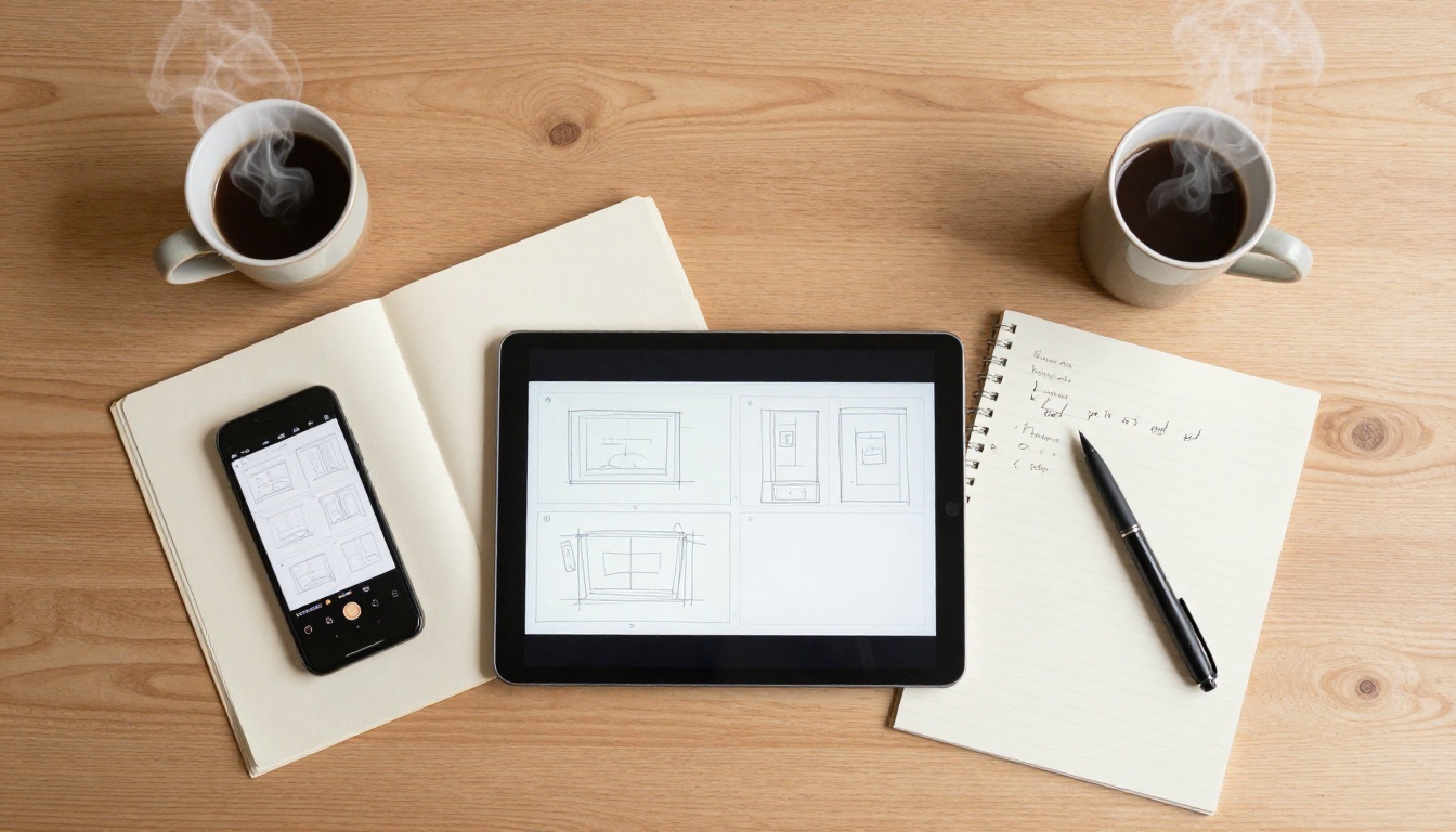 Overhead flat-lay workspace with video storyboard, phone, coffee, and handwritten notes