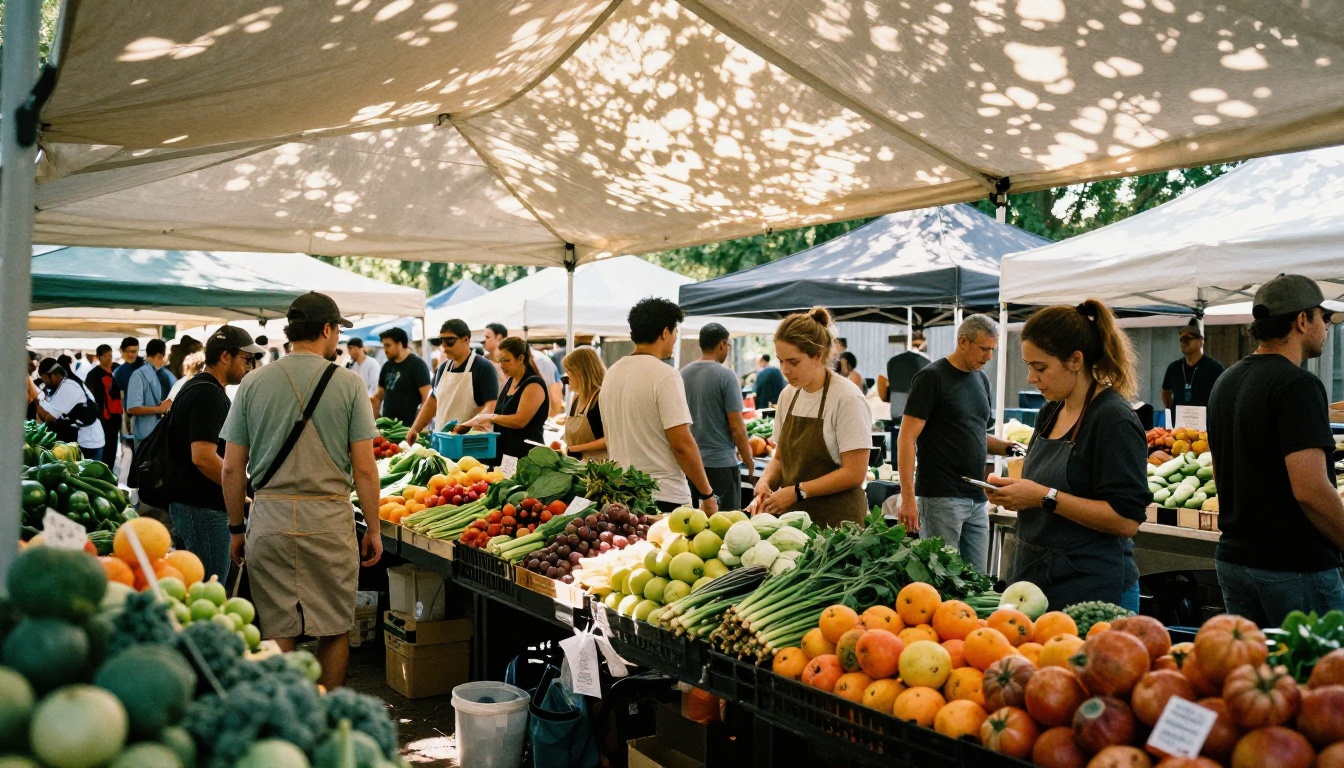 Vibrant outdoor farmers market scene perfect for TikTok lifestyle and food content