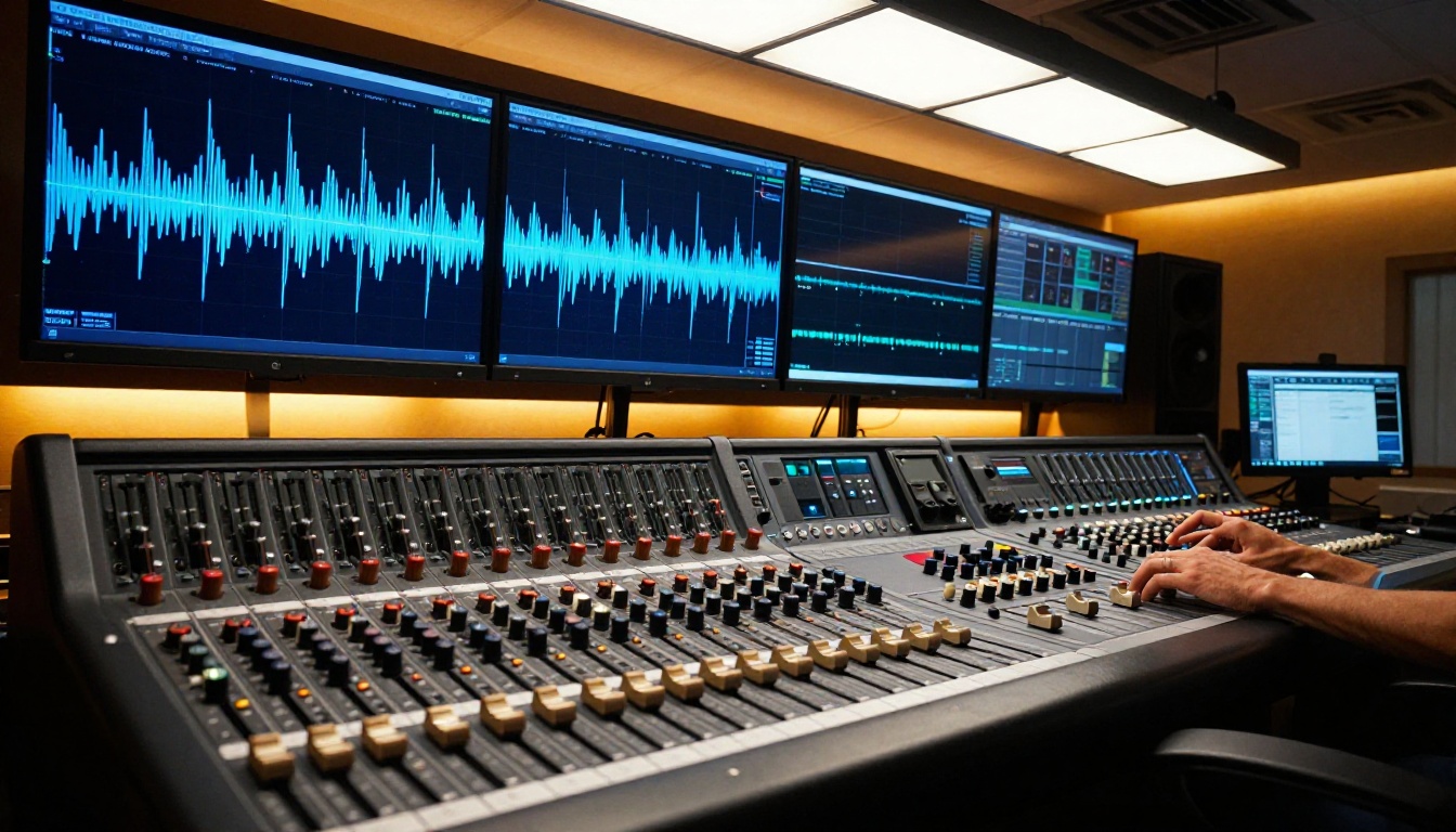 Professional audio-visual post-production suite with mixing console and reference monitors Professional audio-visual post-production suite with mixing console and reference monitors