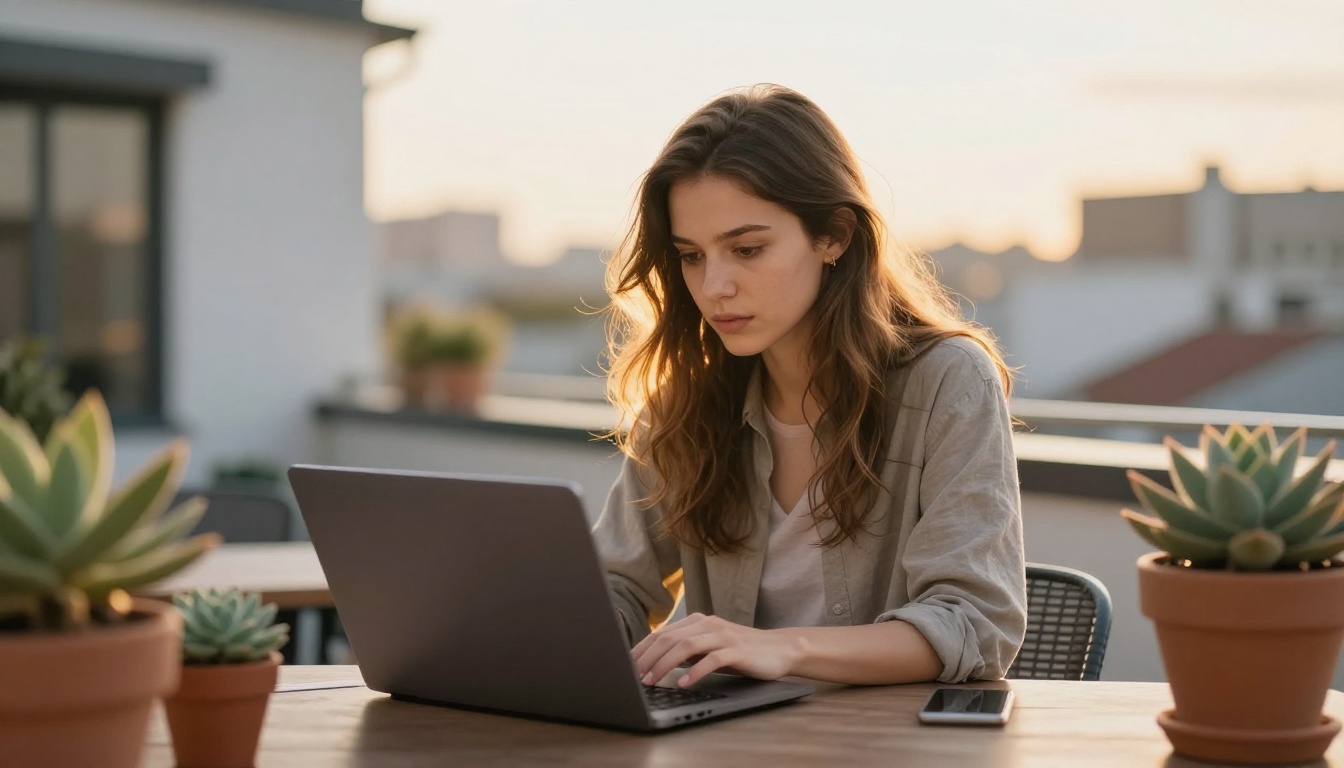Creative director reviewing AI-generated video footage on a laptop on a rooftop terrace Creative director reviewing AI-generated video footage on a laptop on a rooftop terrace