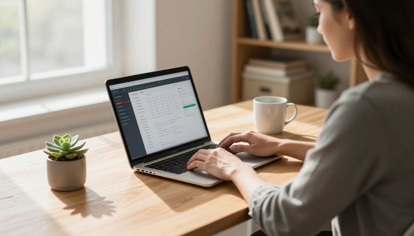 Creative professional working at a modern home office desk with a laptop showing a software interface Creative professional working at a modern home office desk with a laptop showing a software interface