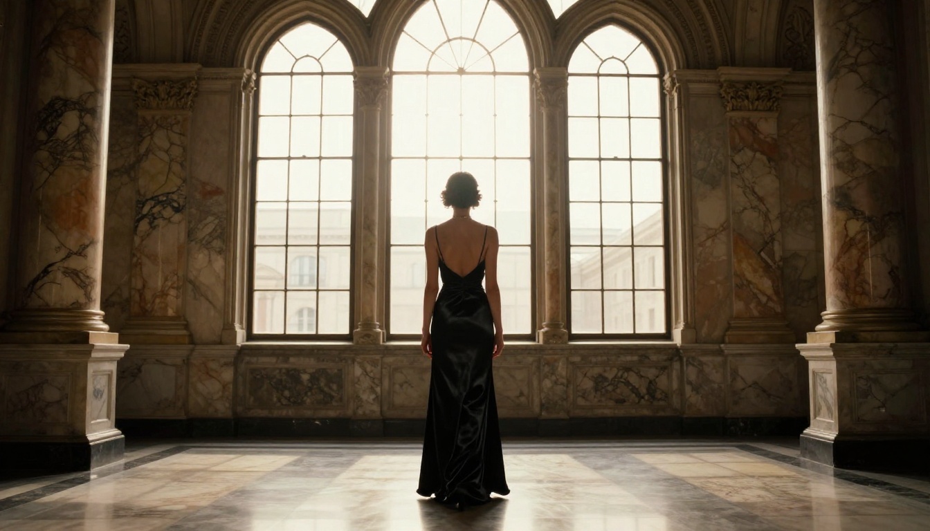 Woman in evening gown in marble corridor with dramatic architectural backlight Woman in evening gown in marble corridor with dramatic architectural backlight