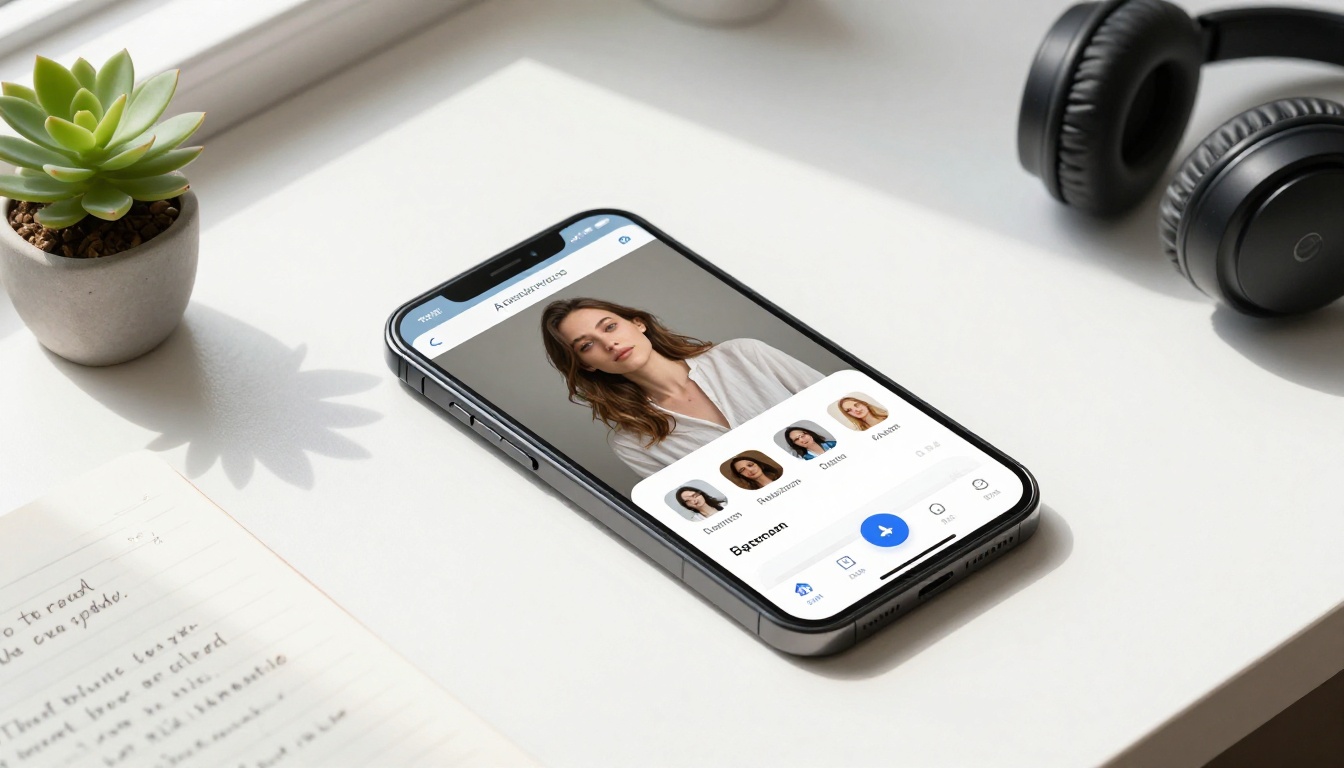 Smartphone with AI image generation app on minimalist desk flat-lay with lifestyle accessories Smartphone with AI image generation app on minimalist desk flat-lay with lifestyle accessories
