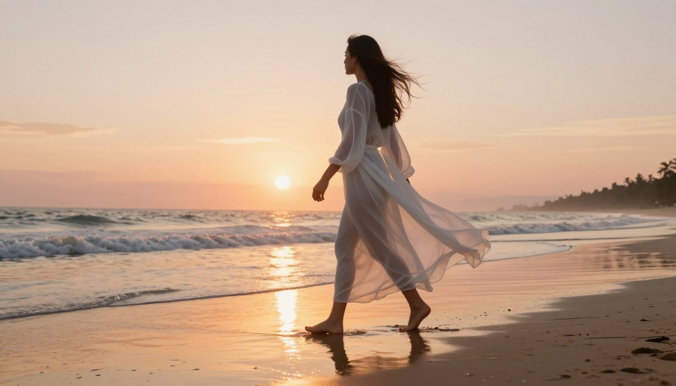 Woman walking on beach at sunrise, sheer coverup, photorealistic AI image Woman walking on beach at sunrise, sheer coverup, photorealistic AI image