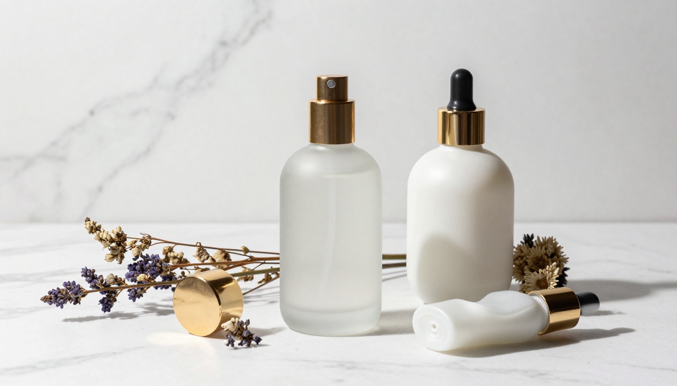 Elegant luxury skincare product flat-lay on Carrara marble with botanicals and soft directional light Elegant luxury skincare product flat-lay on Carrara marble with botanicals and soft directional light