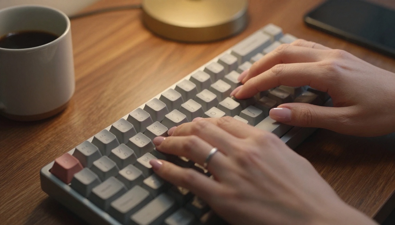 Extreme close-up of hands typing on a mechanical keyboard on a dark walnut desk with warm directional lamp light Extreme close-up of hands typing on a mechanical keyboard on a dark walnut desk with warm directional lamp light