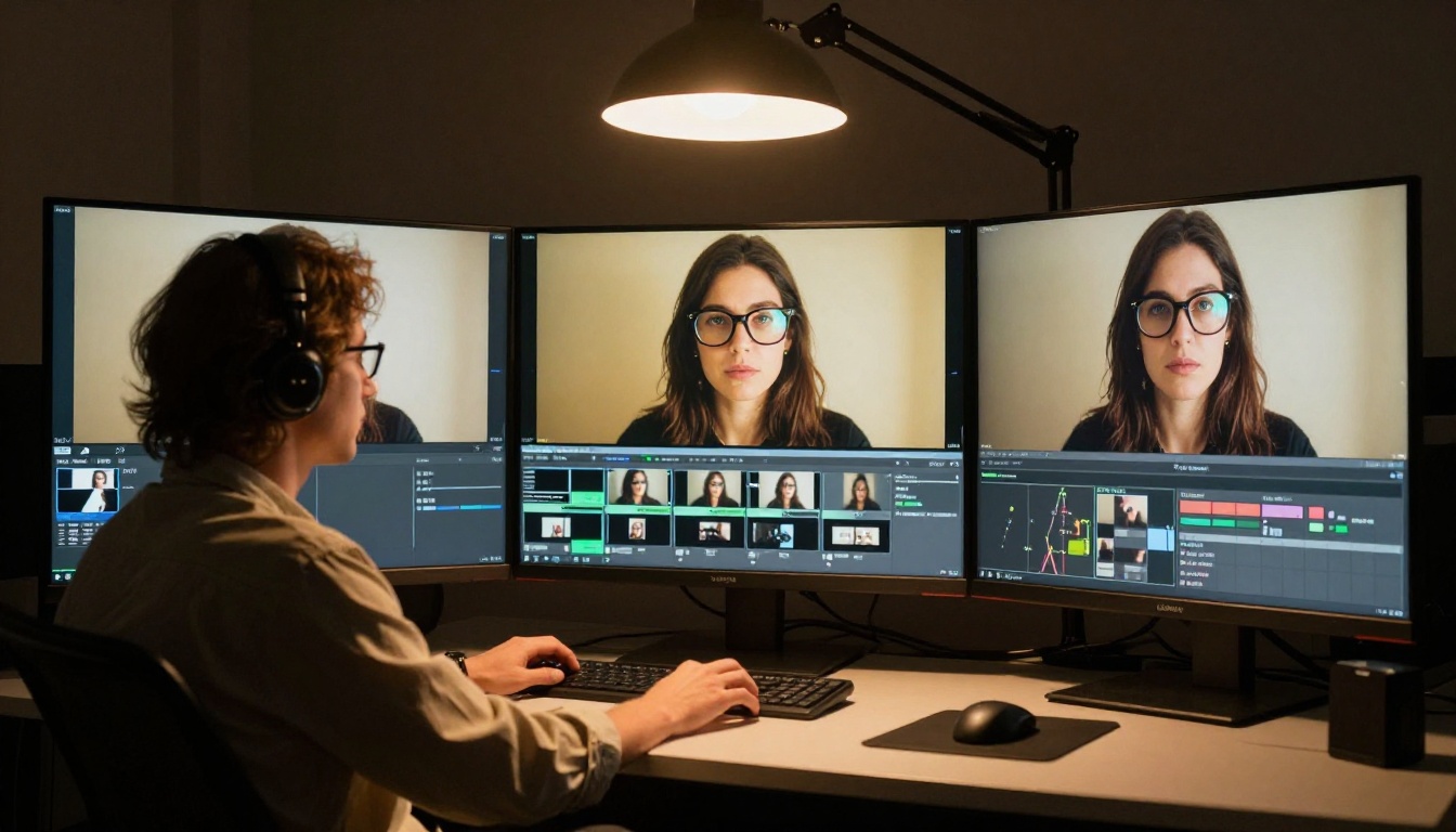 Professional video director at curved editing suite reviewing portrait frames across three monitors Professional video director at curved editing suite reviewing portrait frames across three monitors
