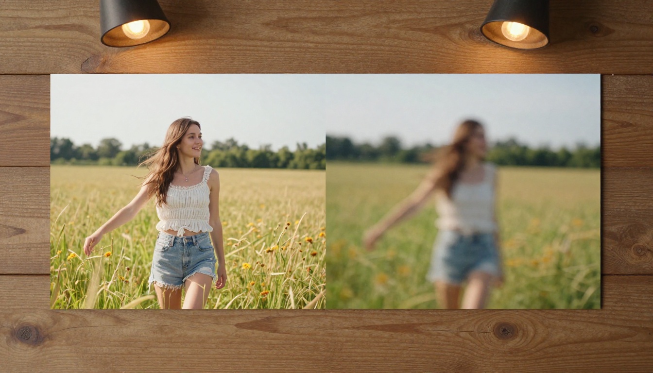 Printed diptych of still portrait vs animated video frame comparison on rustic wooden table Printed diptych of still portrait vs animated video frame comparison on rustic wooden table