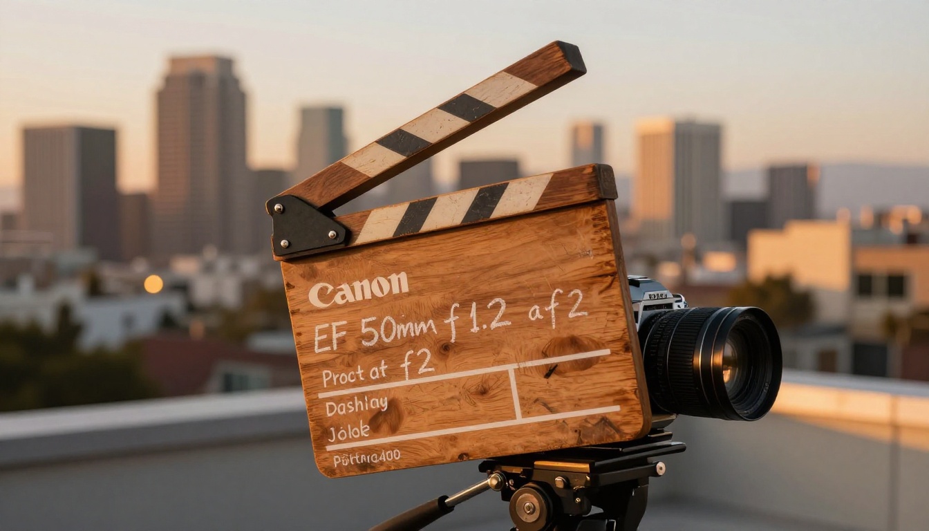 Vintage wooden film clapperboard resting on a cinema camera on a Los Angeles rooftop at magic hour Vintage wooden film clapperboard resting on a cinema camera on a Los Angeles rooftop at magic hour