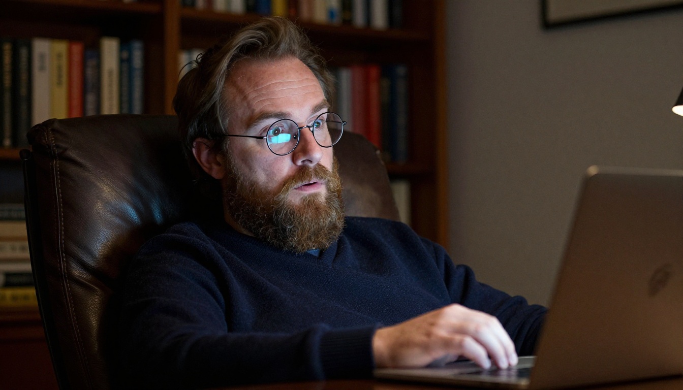 Bearded creator watching AI-generated video on a laptop in a dimly lit home office, face illuminated by screen glow Bearded creator watching AI-generated video on a laptop in a dimly lit home office, face illuminated by screen glow