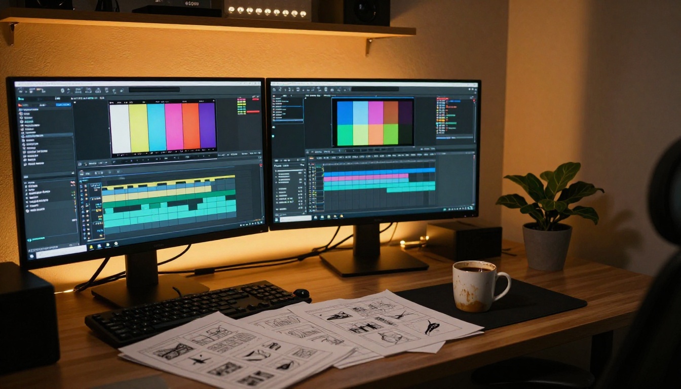 Professional video production studio at night with dual monitors showing editing timelines and a hardware control surface Professional video production studio at night with dual monitors showing editing timelines and a hardware control surface